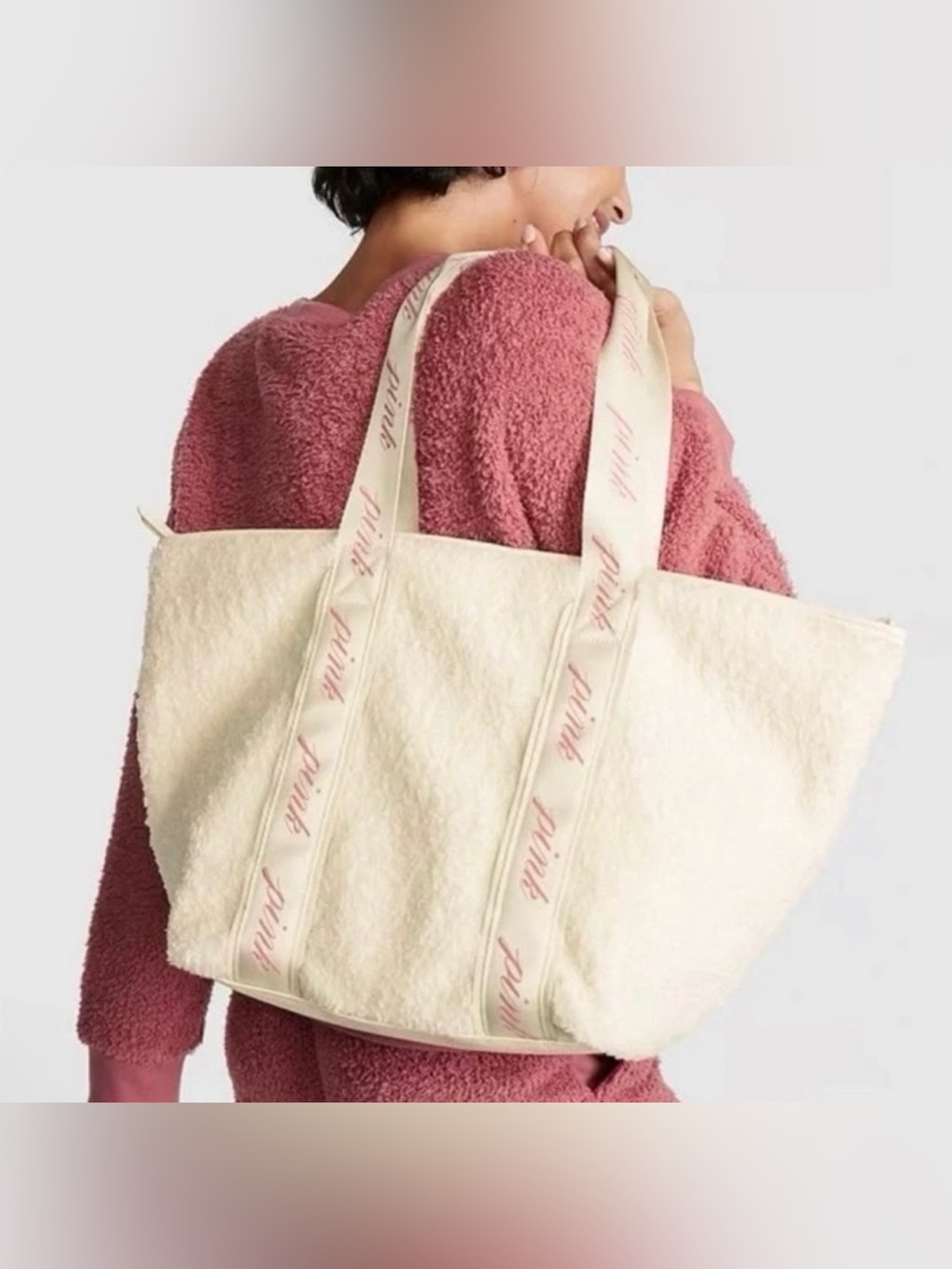 NWT PINK Victoria's Secret Cozy Plush Tote Bag Cream Sherpa